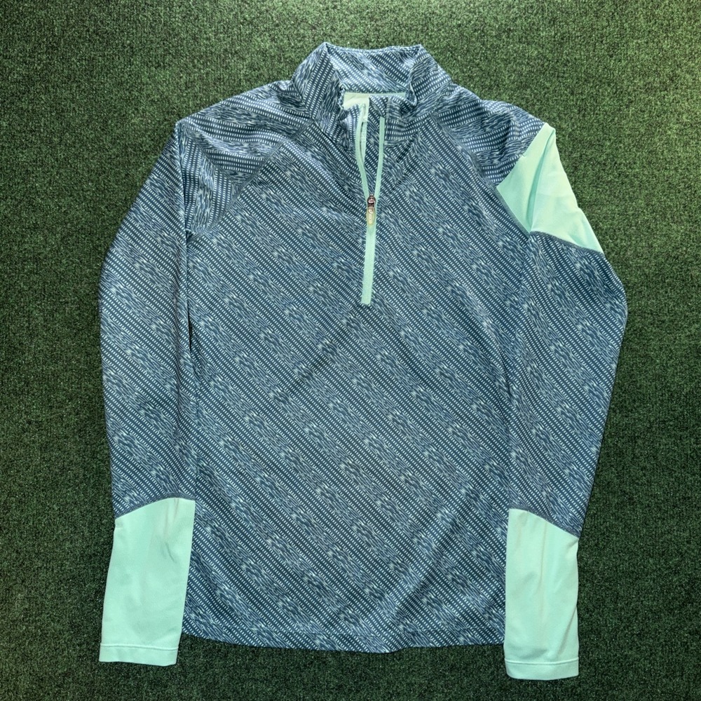 ASICS 1/4 Zip Womens Small Blue Green Geometric Pattern Pullover Athletic Wear